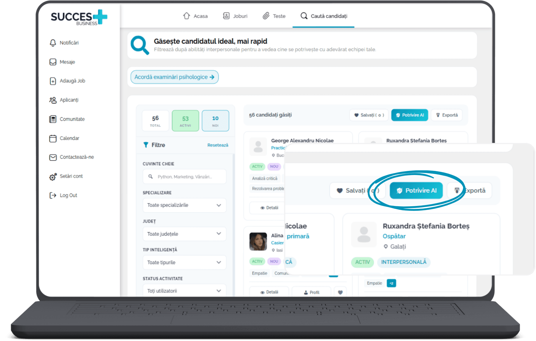 Interfața SuccesPlus Business – căutare candidați